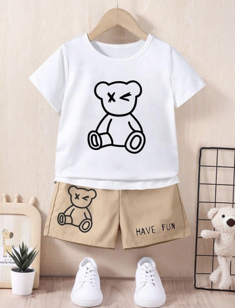 Boys' 2-Piece Summer Outfit: T-Shirt with Cartoon Bear Print and Shorts