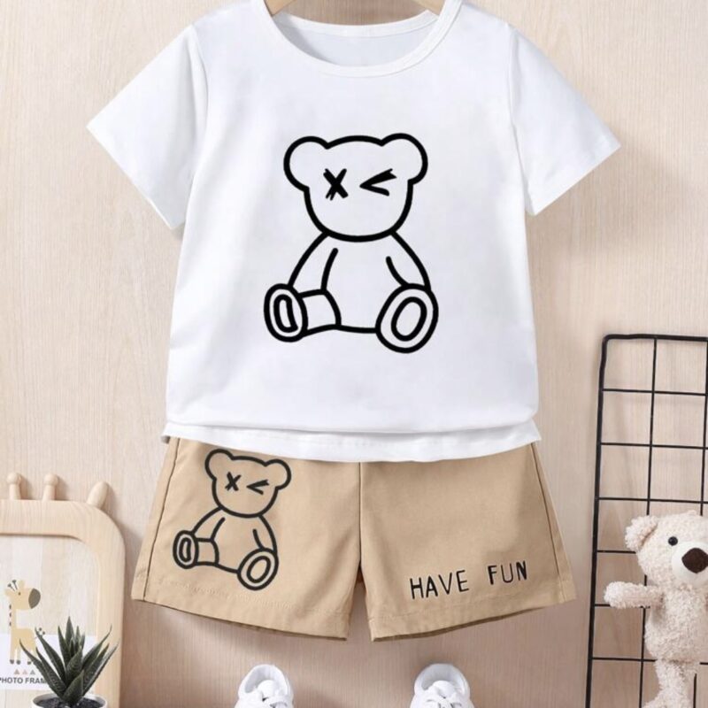 Boys' 2-Piece Summer Outfit: T-Shirt with Cartoon Bear Print and Shorts