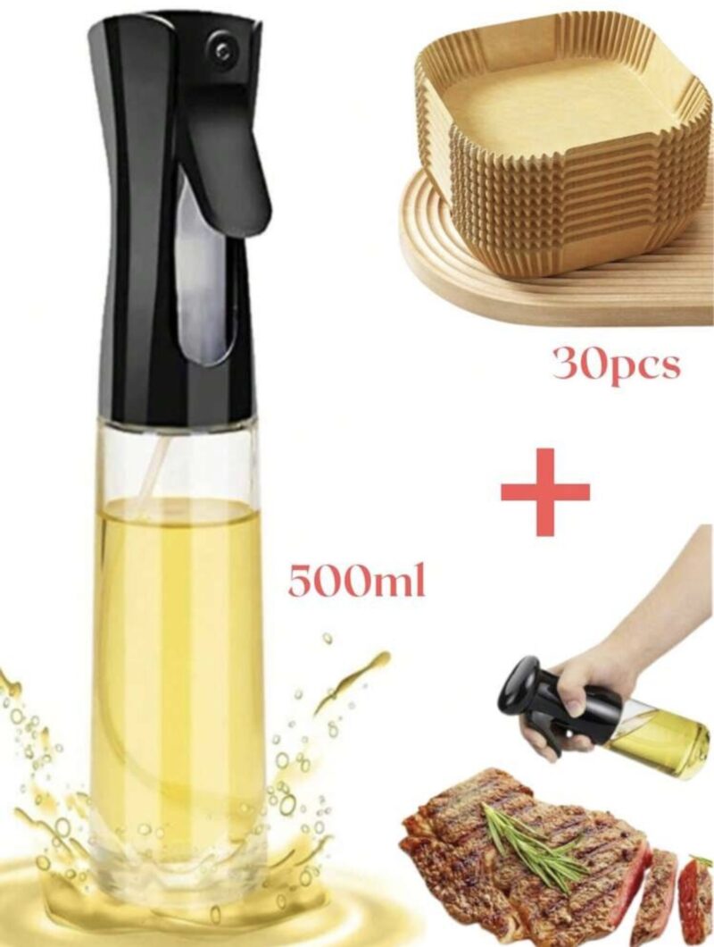 30 Pieces of Air Fryer Paper + 1 Piece 500ml Black Spray Bottle, Disposable Parchment Paper, Wood Pulp Steamer, Cheesecake, Air Fryer Accessories, Baking Paper for Air Fryer