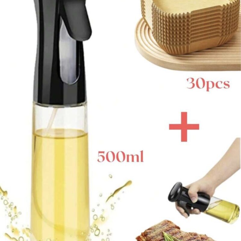 30 Pieces of Air Fryer Paper + 1 Piece 500ml Black Spray Bottle, Disposable Parchment Paper, Wood Pulp Steamer, Cheesecake, Air Fryer Accessories, Baking Paper for Air Fryer