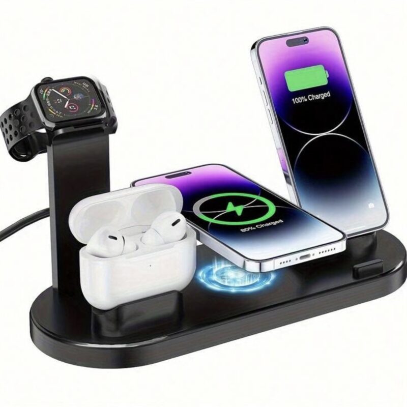 [6 in 1] Wireless Charger USB Type C Charger QC 3.0, Wireless Charging Stand Compatible with iPhone 15/14/13/12/11/Pro/Max/Plus, Compatible with Apple Watch 8/7/6/5/4/3/2/SE, Compatible with AirPods 3/2/Pro, Multi-Function Wireless Charging Station Black White Universal Model