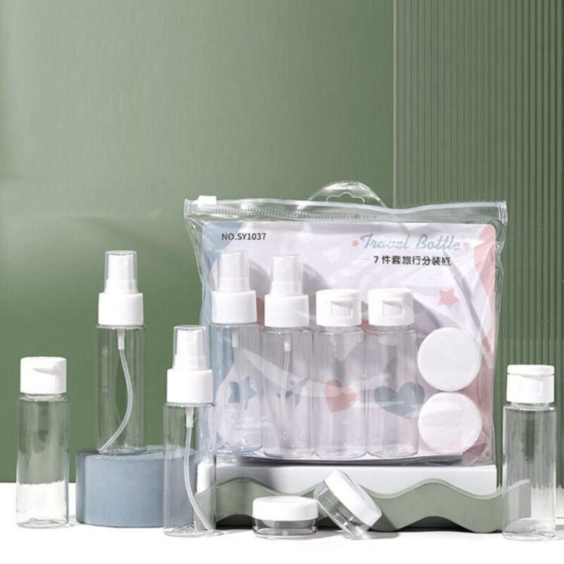 6-Piece/7-Piece Travel-Size Toiletry Set with Empty Bottles, Spray Bottles, Portable Cosmetic Mirror, and Comb. Perfect for Travel, Refillable Cosmetic Bottles, and Travel Accessories.