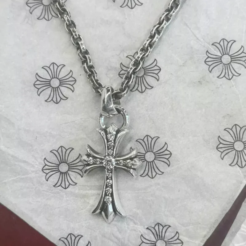 Chrome Hearts Cross Diamond Pendant 925 Sterling Silver Unisex Necklace -Unisex