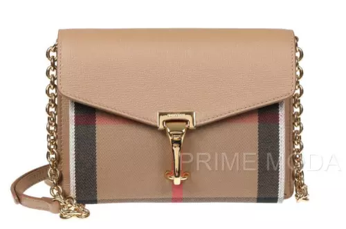 NEW BURBERRY BABY MACKEN CAMEL LEATHER CHECK CANVAS CHAIN SHOULDER CROSSBODY BAG