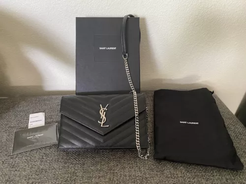 YSL Yves Saint Laurent Crossbody Wallet Chain Black W/ Silver Matelasse Chevron
