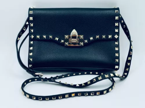 VALENTINO Garavani Rockstud Black Leather Shoulder Bag - Designer Luxury Handbag