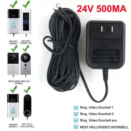 24V Power Supply Adapter Transformer W/ 26FT Wire Video Ring Doorbell 1/2/2 Pro