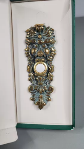 Flora and Fauna Solid Brass Doorbell Button Patina Green Man NOB