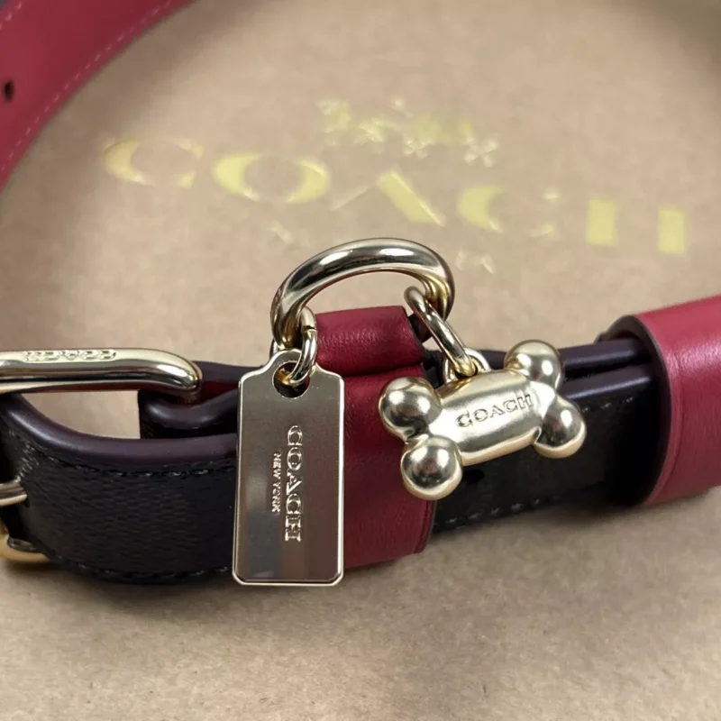 NEW $148 COACH Dog Collar Size L Walnut Black SIG C Coated Canvas Red Leather