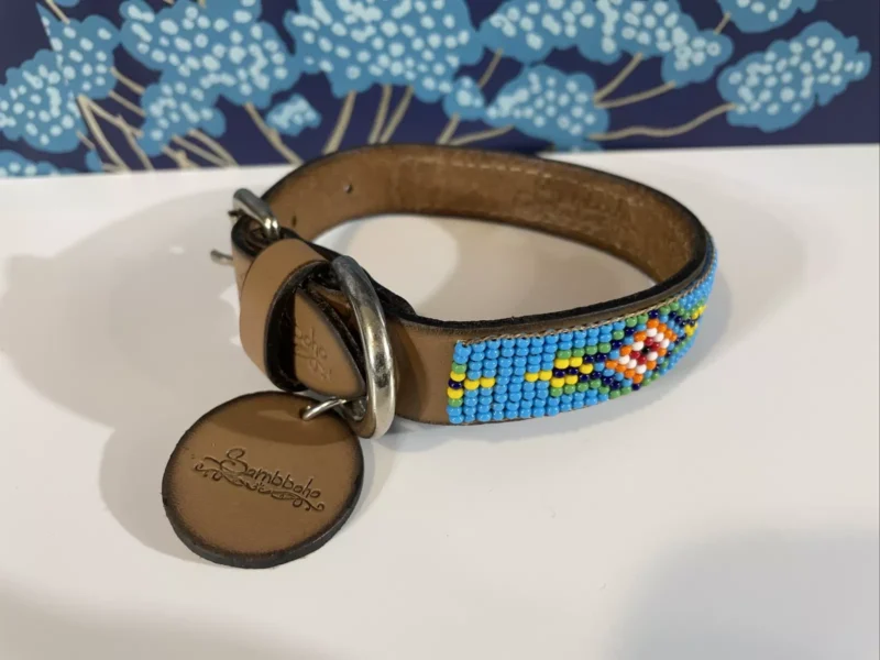 SAMBBOHO Luxury Artisan Handmade Beaded Leather Dog Collar (10-12") - Blue Vogue