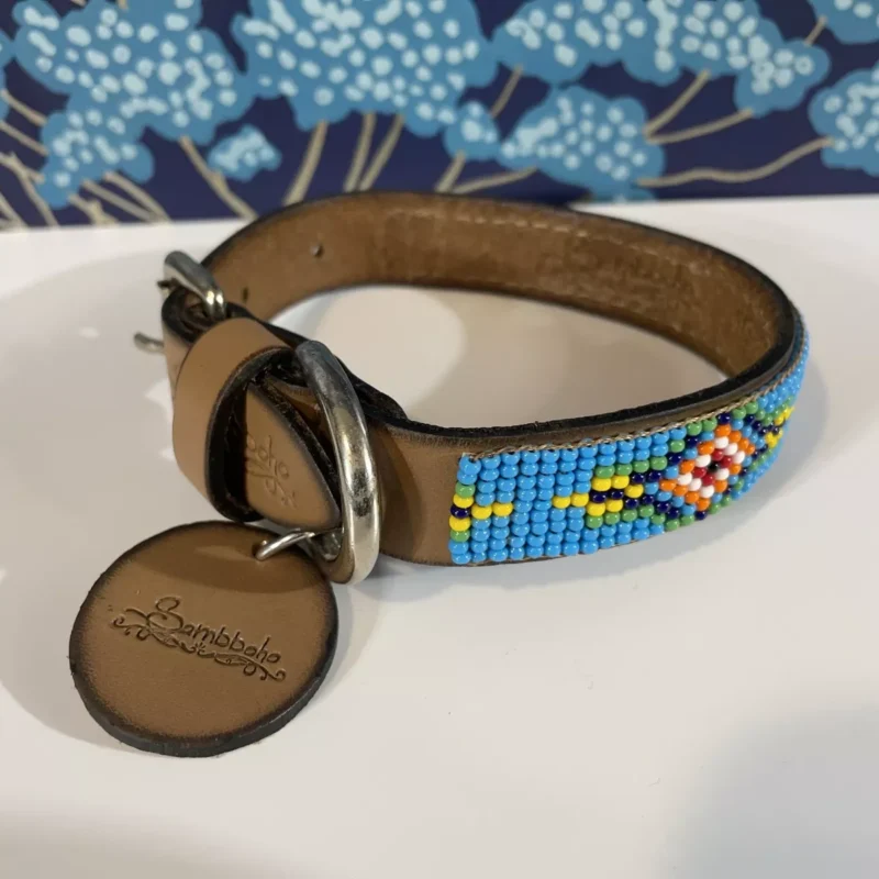 SAMBBOHO Luxury Artisan Handmade Beaded Leather Dog Collar (10-12") - Blue Vogue