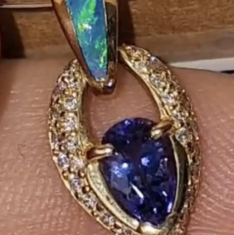 New! $3900 14k Yellow Gold Kabana Australian Opal Tanzanite & Diamond Pendant