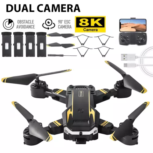 RC Drone With 8k HD Dual Camera FPV WIFI Foldable Quadcopter +4 Battery Yellow