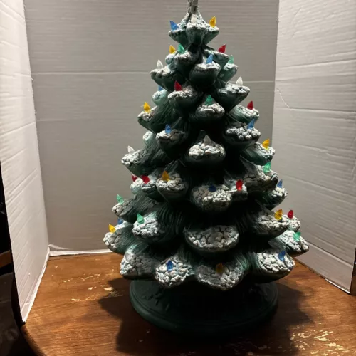 VTG 1971 21” Ceramic Christmas Tree Frost Tipped Green w/Lights Working Holiday