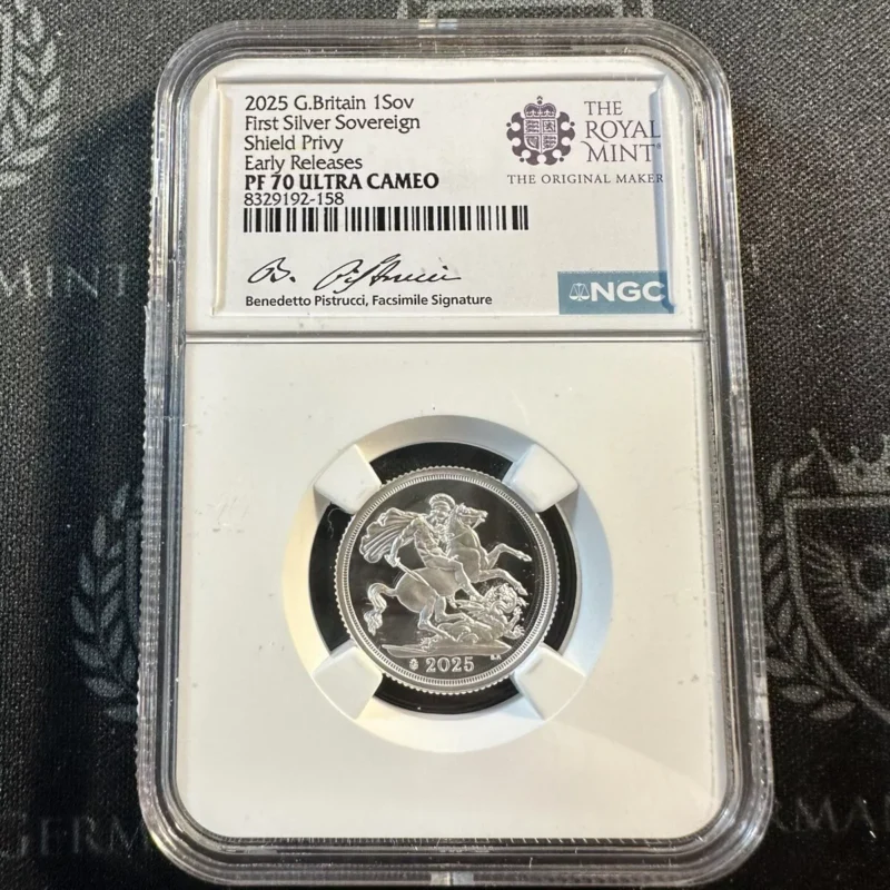 2025 Great Britain 1st Silver Sovereign Shield Privy NGC PF70 ER signed label